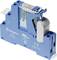Blue relay base with transparent cover, white lever, and technical markings, suitable for industrial applications.