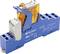 A blue Finder relay on a DIN rail, Model 97.52, with a clear cover. It bears technical inscriptions for specification.