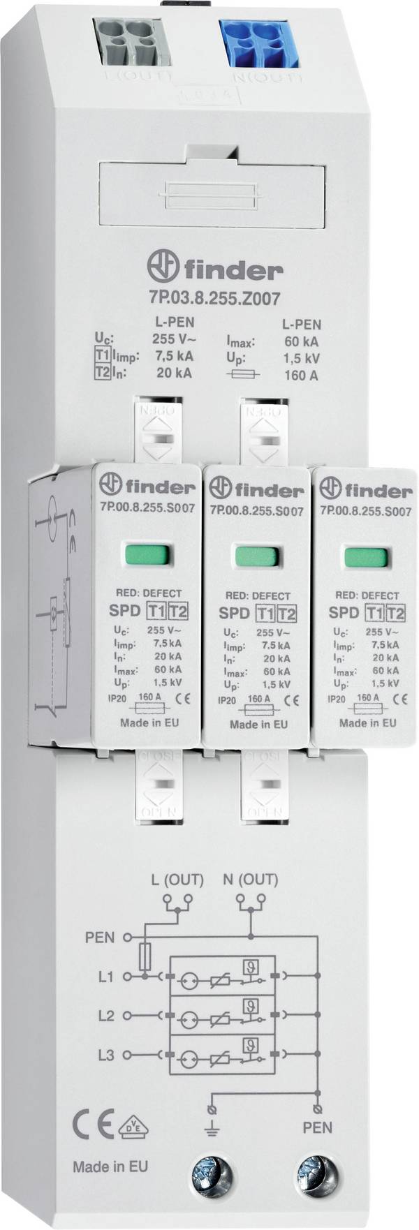 Finder 7P.03.8.255.Z007 7P.03.8.255.Z007 Surge arrester 20 kA 1 pc(s)