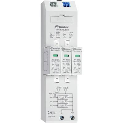 Surge protection device by Finder with multiple modules, green operational indicator, and circuit diagram for electrical connections.