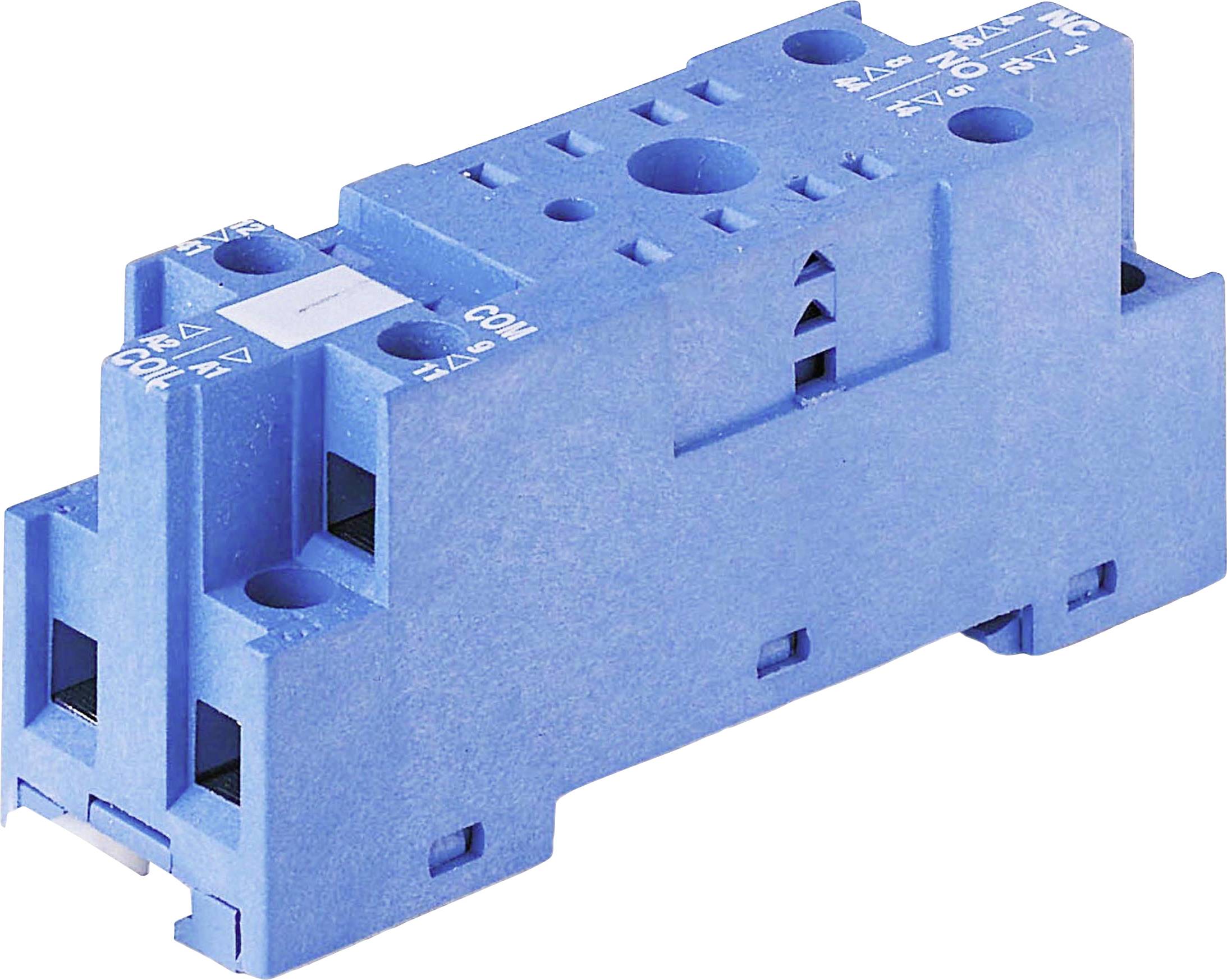 A blue electrical relay socket with multiple connection points and a white marking on the top surface.