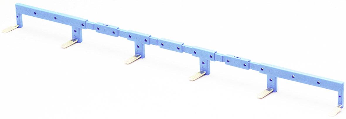Blue clamp holder with multiple insertion points and wooden supports. Used for holding long, narrow objects.