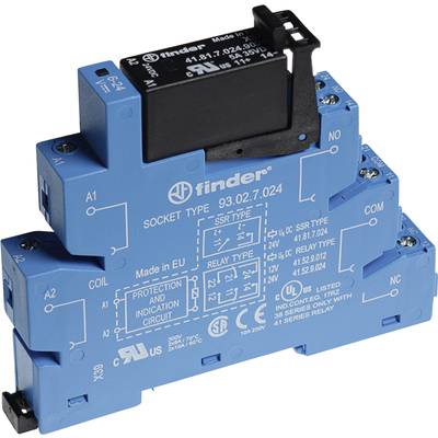 A blue Finder relay base with a black relay module. Labels show details of type, rating, and electrical specifications.