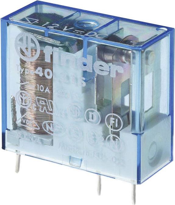 Electromechanical relay by Finder with transparent housing, showing coil and terminals. Type 40.31.5, 12 V DC, 10 A.