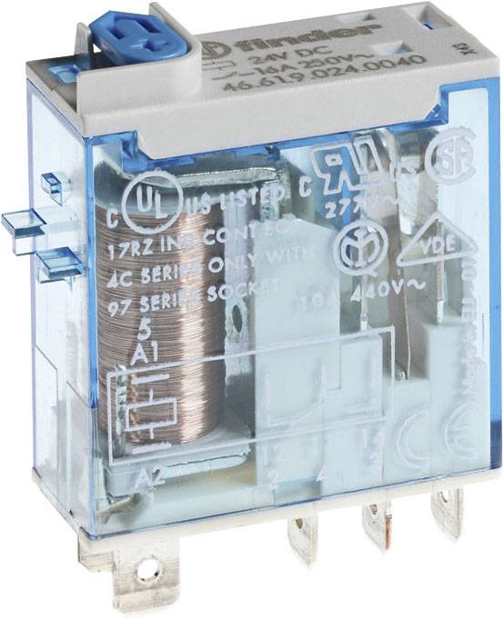 A transparent, blue relay with printed specifications, used in electronic circuits for control purposes.
