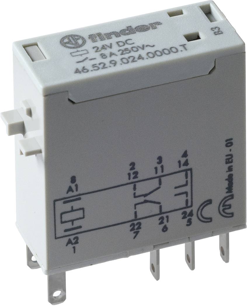 A white electrical relay with the inscription 'Finder 24V DC 8A 250V~'. It has multiple pins for mounting on a circuit board.