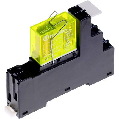 A yellow relay on a black base with a metal clip. Electronic component in industrial application.