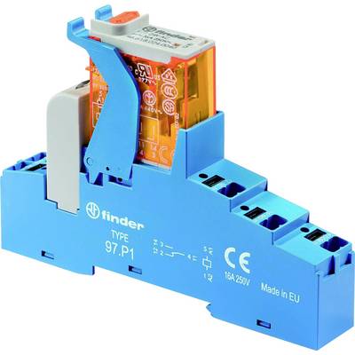 A blue Finder relay terminal module, Type 97.P1, with an orange relay. Inscription: '16A 250V, Made in EU, CE certified'.