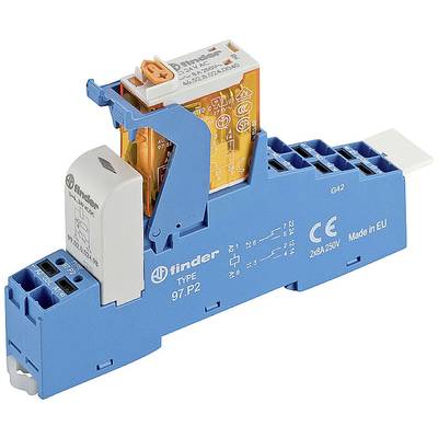 Blue relay module with orange relay header, Type 97.P2, 2x8A 250V, CE-marked, manufactured in the EU.
