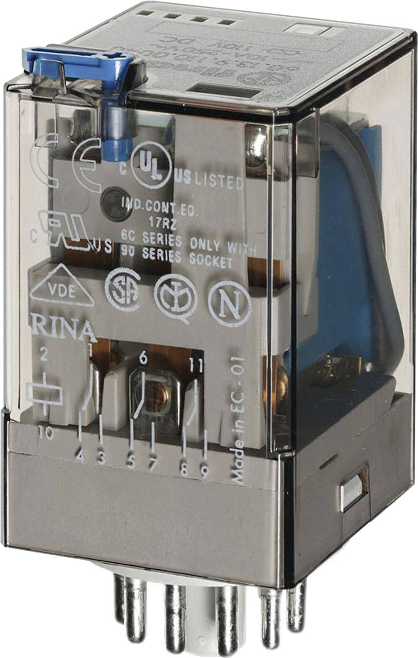 A transparent relay housing with plug contacts, displaying various international certification symbols and numbers.