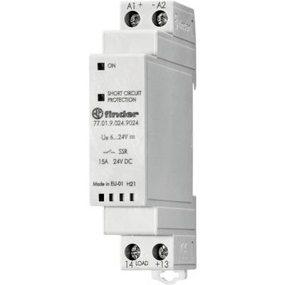 A relay module with the inscription 'Short Circuit Protection', model number 77.01, suitable for 6-24V, 15A, 24V DC.