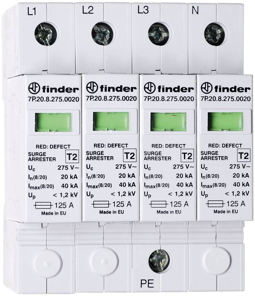 Surge protection device with four modules: L1, L2, L3 and N. Each module is designated 'T2' and is rated for 275 V.