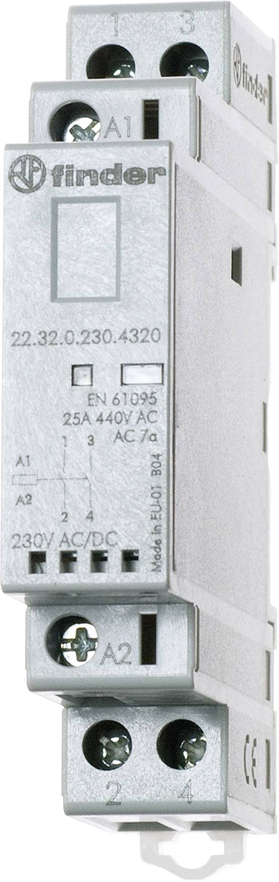 Finder relay module with the markings '22.32.0.230.4320' and 'EN 61810'. It has connections for 230V AC/DC and is designed for 25A.