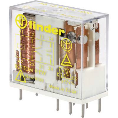 An electromagnetic relay with a transparent housing, visible copper coil and yellow technical markings on the surface.