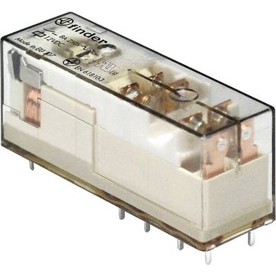 A transparent electromagnetic relay with metal pins and copper coil. Brand: Finder. Suitable for electronic applications.