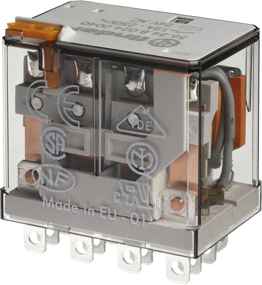 A transparent relay housing reveals internal switching mechanisms and wires. Externally, certification marks and 'Made in EU' are displayed.