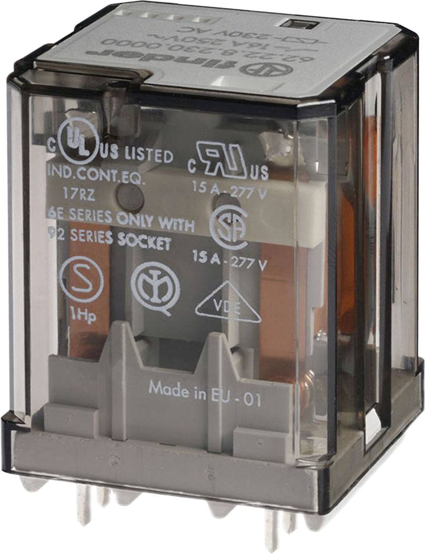 Relay with transparent cover, revealing internal mechanisms and technical information on the surface, suitable for industrial applications.