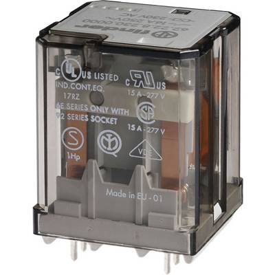 Relay with transparent cover, revealing internal mechanisms and technical information on the surface, suitable for industrial applications.