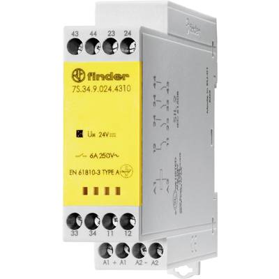 Industrial relay module with a yellow front panel and grey housing, displaying technical specifications for electrical applications.