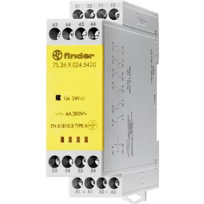 A grey and yellow relay module with technical specifications. It displays brand and model numbers along with voltage specifications.