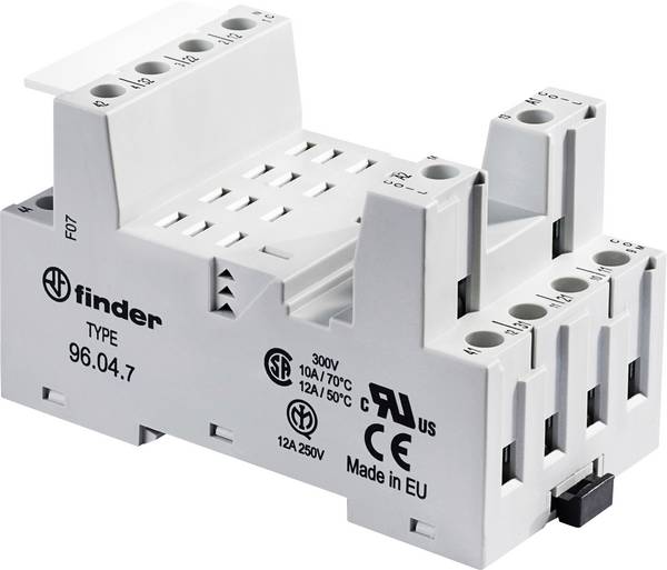 Finder 96.04.7 Relay socket Compatible with series: Finder 96 series Finder 56.34 (L x W x H) 48.2 x 43.4 x 82.5 mm Piece 1 pc(s)