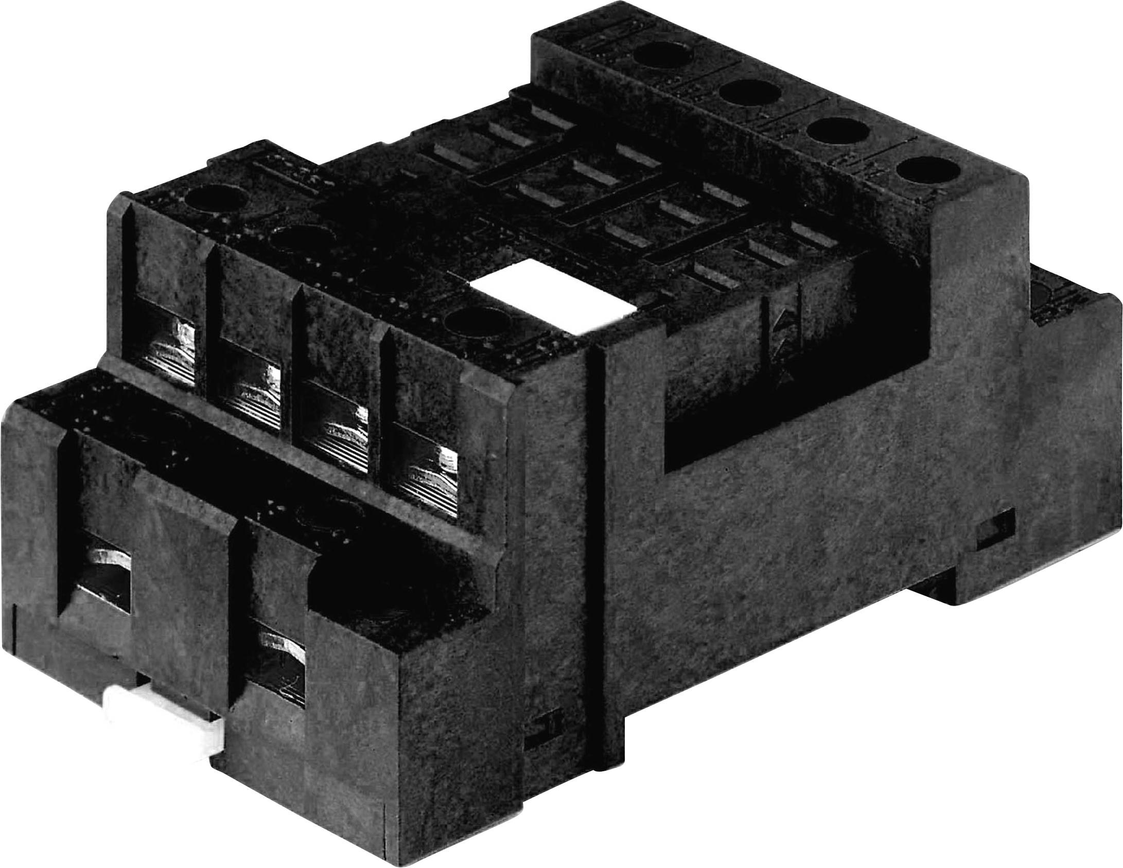 Black electrical component, presumably a socket for relays or similar switching devices. Contains multiple terminal connections.