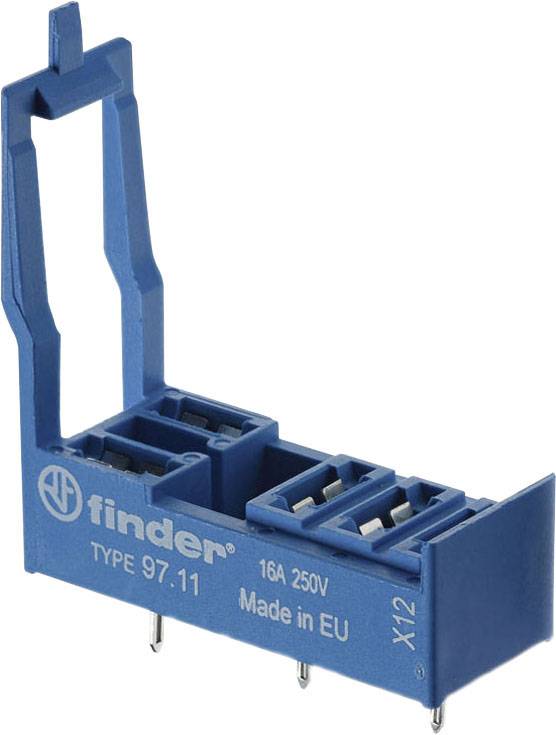 Blue plug adapter, brand 'finder', Type 97.11, 16A 250V, Manufactured in the EU, with connection terminals and pins underneath.