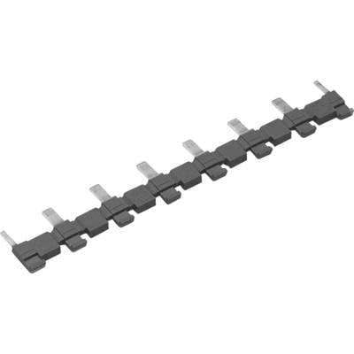 A black electric terminal strip with nine metal connectors, arranged in a line. Used for electronic connections.