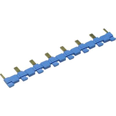 A blue plastic strip with nine evenly distributed clips protruding upwards. Valve or pipe connection element.