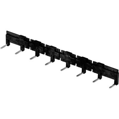 Terminal block with seven metal pins, black, horizontally arranged. Used for electrically connecting multiple components.