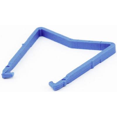 A z-shaped, blue plastic clip is resting on a white surface.