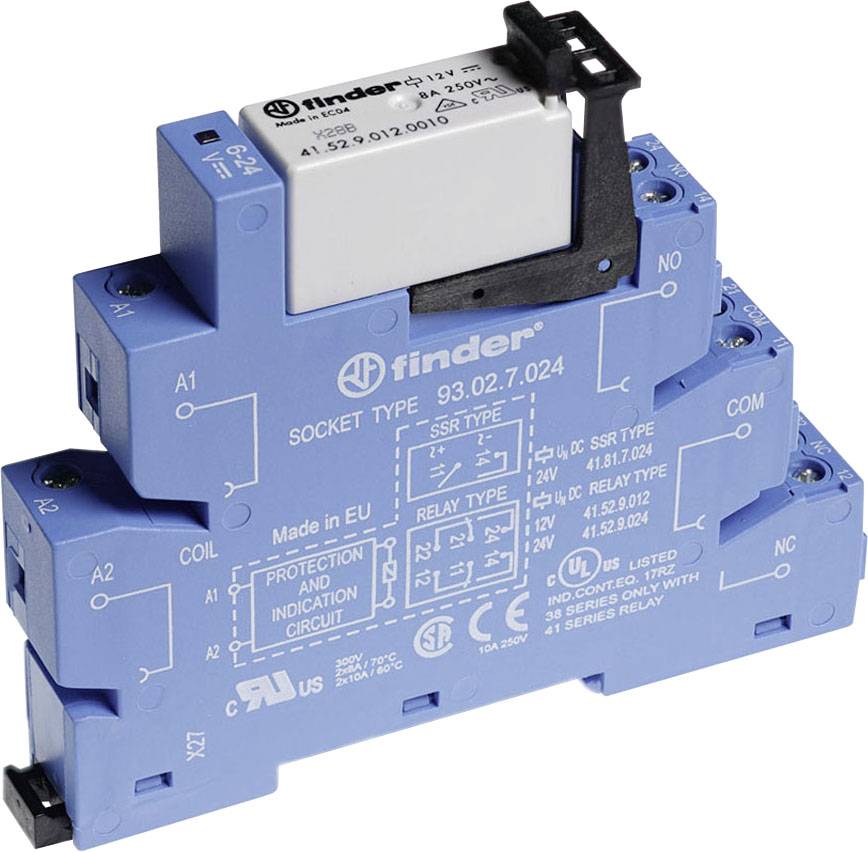 Blue base for DIN rail mounting with attached relay. Labels and technical specifications are visible on the surface.