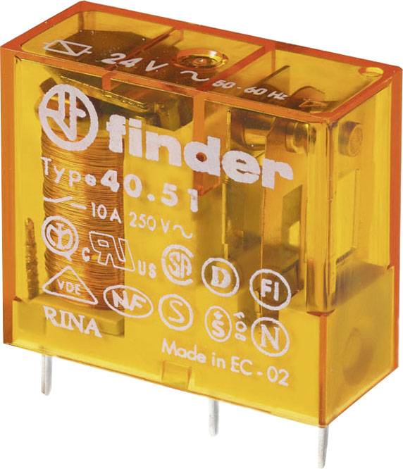 A yellow finder relay, type 40.51, with 10A, 250V specification. Contains symbols for electrical certifications.