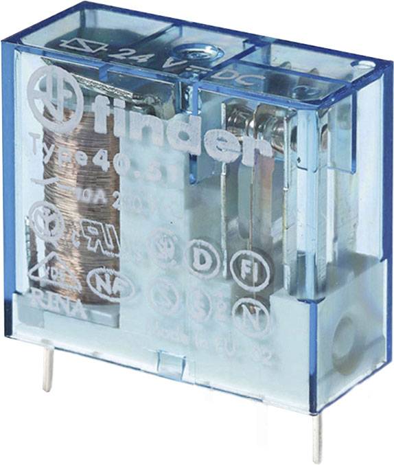 A blue, transparent relay with 'Finder' printed on the surface and specifications such as 10A 250V. It has metal contacts.