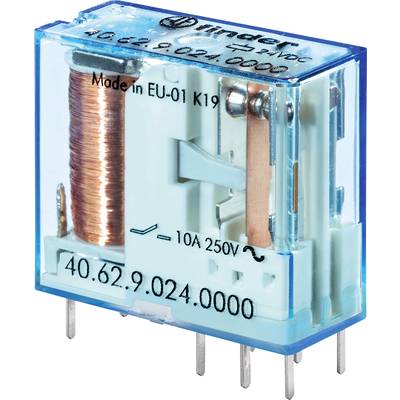 Small blue relay with visible copper coil, marking '10A 250V~', suitable for electronic circuits, manufactured in EU.