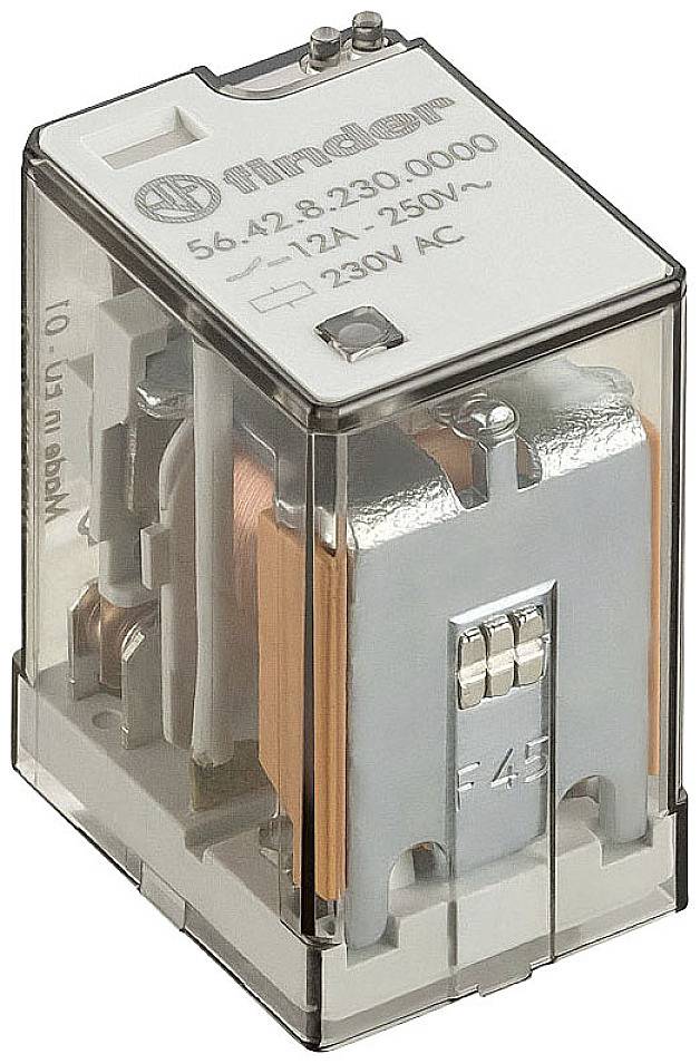 A square relay marked 'Finder 56.42.9.230.0000', displaying specifications of 12A, 250V, and 230V AC.
