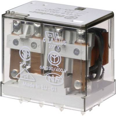 A transparent relay with metal components and visible wiring, used for electronic circuits.
