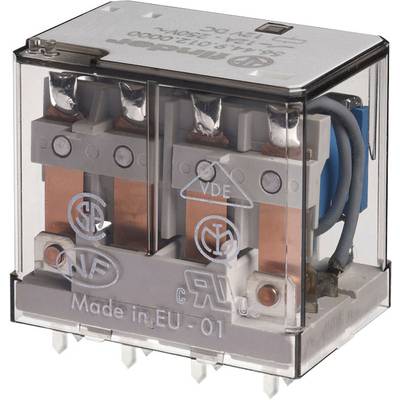 A transparent relay reveals internal copper coils and contacts. Housing with technical symbols and 'Made in EU - 01'.