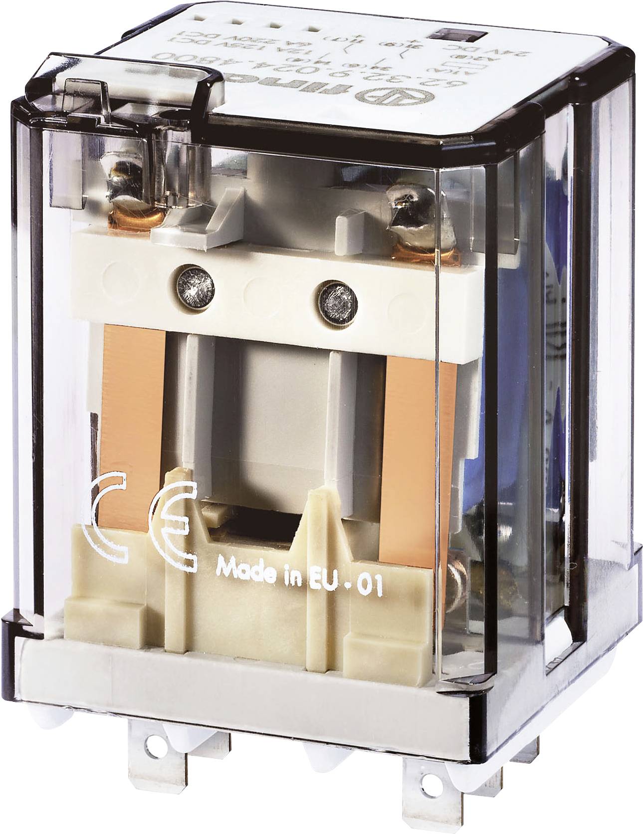 A transparent relay housing with visible metal components and screws, labelled 'Made in EU - 01' and CE marking.