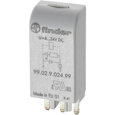 A grey electrical relay branded 'Finder' with specifications of 6-24V DC. Manufactured in the EU.