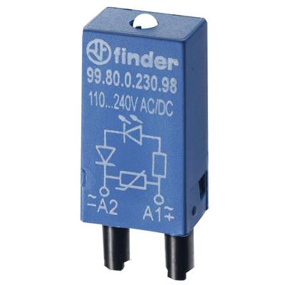 A blue, rectangular electronic component with the inscription '99.80.0.230.98 110...240V AC/DC' displays an electronic circuit symbol.