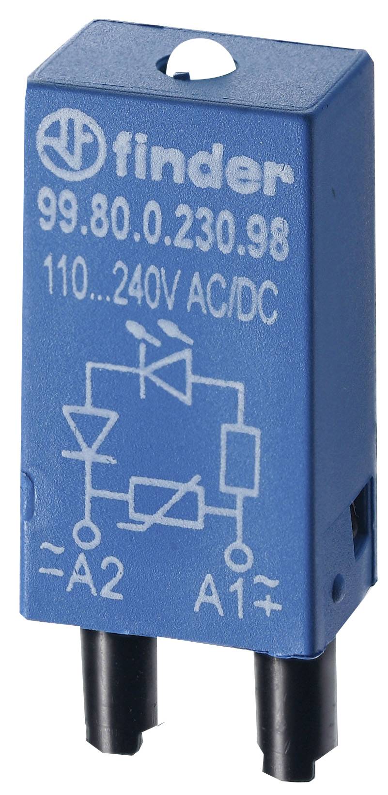 A blue electrical relay module by Finder with a white circuit diagram and printed marking: '99.80.0.230.98, 110...240V AC/DC'.