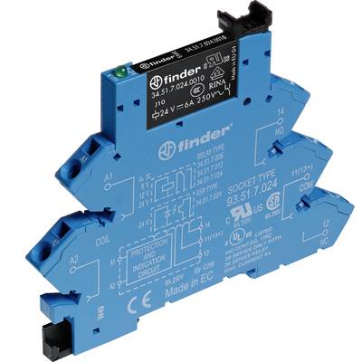 A blue Finder relay socket module with technical specifications on the front. Used for electrical controls, 24 V, 6 A, 250 V~.