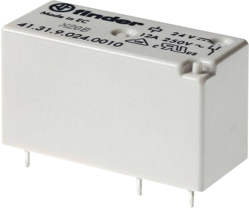 A rectangular, white relay with the inscription 'finder' and technical specifications such as '24V', '12A', and '250V'.