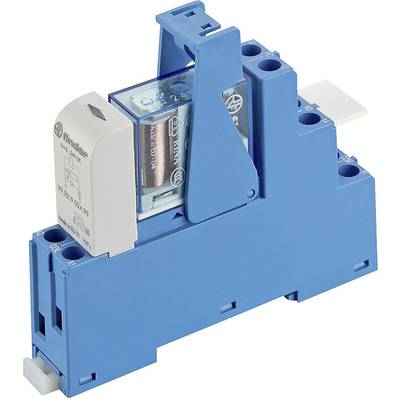 A blue plastic relay module with a transparent insert. Suitable for mounting on a DIN rail in control panels.