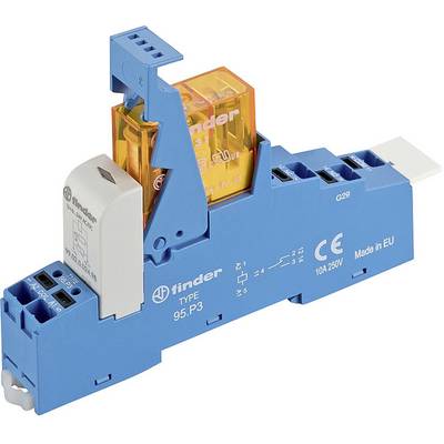 A blue Finder Relay Module Type 95. P3 with an orange relay, CE marking, and technical specifications on the side.
