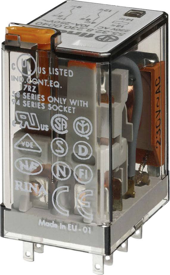 A transparent relay with multiple terminal connections and technical symbols. It is designed for 230V AC and manufactured in the EU.