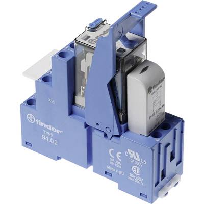 Relay module by Finder, type 94.02, mountable on DIN rail, with blue plastic cover and clear labelling.