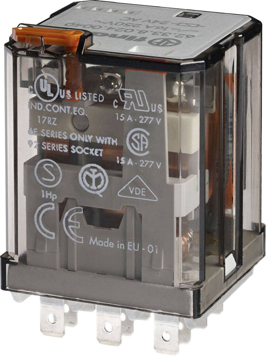 An electrical relay with a transparent casing displays several certification symbols and technical specifications on its front surface.