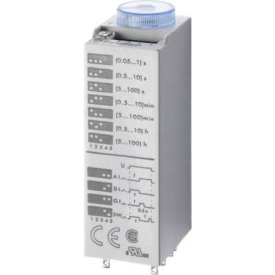 An electronic time relay with adjustable time ranges from seconds to hours. A blue rotary knob for time setting is located at the top.